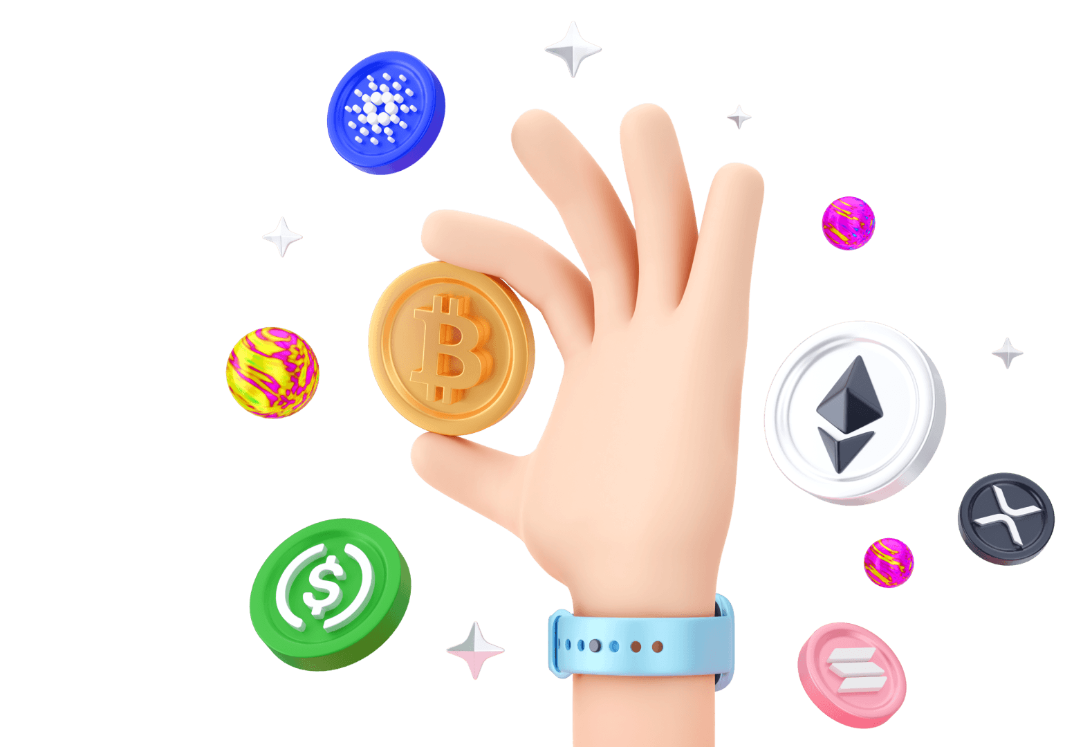 A hand holding a Bitcoin among crypto coins